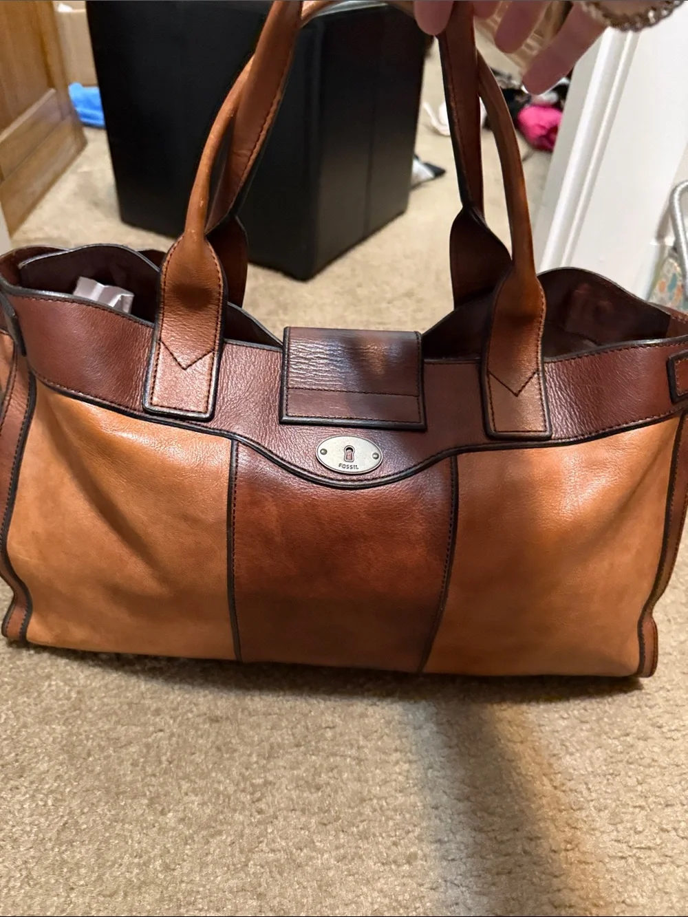 Fossil Two-Tone Brown Leather Tote Bag